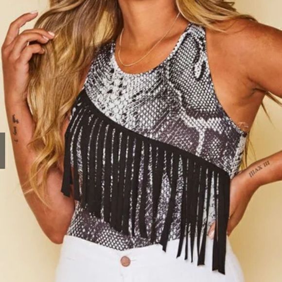 NWT Peach California Love Black Snake Print Fringe Bodysuit Medium - Picture 2 of 9